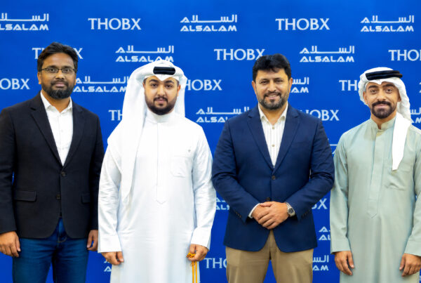 Representatives of ALSALAM Electronics and THOBX Tailoring at a joint event celebrating the completion of a Midea air conditioning installation project at THOBX’s second branch in Gardenia Plaza, Bahrain.